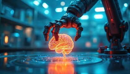 Robot hand holds glowing artificial brain in lab. Advanced tech explores neural network science. Futuristic cybernetic mind study in research center.