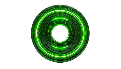 Futuristic, circular green object with glowing neon rings on a black background