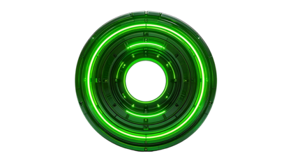 Futuristic, circular green object with glowing neon rings on a black background