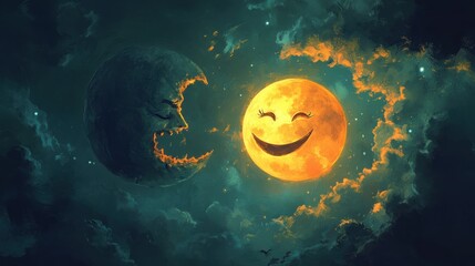 Fototapeta premium Smiling moon, crescent moon, night sky, cosmic, fantasy
