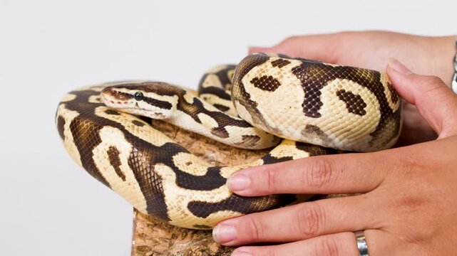 Hands Gently Handling Coiled Ball Python on Perch