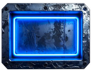 Metallic rectangular panel with a glowing blue border on a worn surface