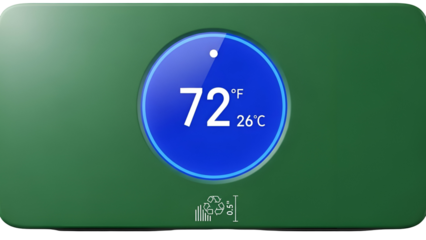 Smart thermostat display showing 72 degrees Fahrenheit temperature isolated on transparent background