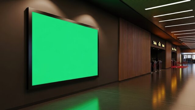 Large Green Screen Billboard in Modern Indoor Hallway.