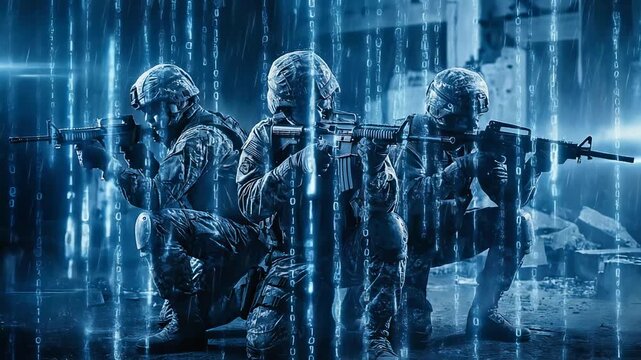 Dynamic military squad in tactical gear preparing for action in a futuristic digital battlefield