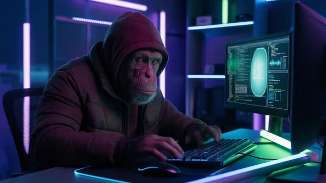 A creative depiction of a monkey hacker working on computers in a neon-lit cyber environment