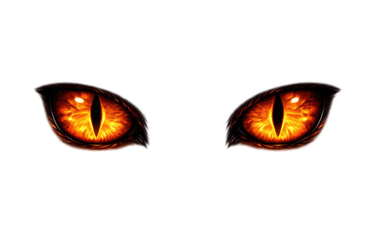 Dragon eyes glowing with a powerful orange light, creating an intense, scary, and evil stare. Fantasy and creature concept
