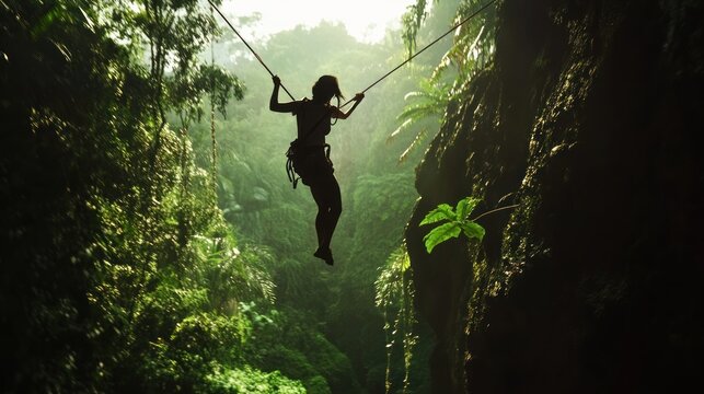 Adventurous woman swinging through a lush jungle cave.  Sunlight streams through the opening, illuminating the dense greenery and towering rock faces