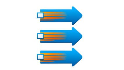Three blue arrows with orange flames isolated on transparent background