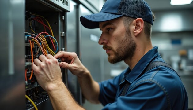 Man checks wires in electrical panel. Technician repairs appliance wiring in commercial kitchen. Worker fixes circuits inside control box for restaurant equipment.