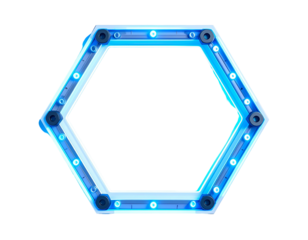 Glowing blue hexagonal frame with bolts, centered on black background