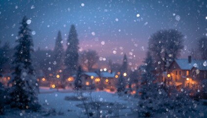 Fototapeta premium Snowy Winter Village Scene with Falling Snow and Warm Lights in Twilight