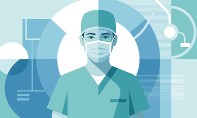Illustration of a surgeon wearing a mask and scrubs against a blue and white geometric background with medical icons.
