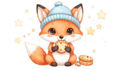 Cute cartoon fox wearing a blue hat, holding cookie, surrounded by stars