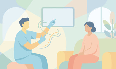 A healthcare professional and patient engaged in a consultation with a digital display in a colorful, abstract medical setting.