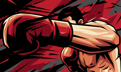 Comic book illustration of a muscular man in a dynamic pose with bold red and black background.