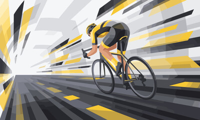 Cyclist riding a bicycle fast on a road with motion blur effect in yellow, black, and gray colors.