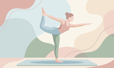 A woman practices yoga on a mat with a colorful abstract background and various hills.