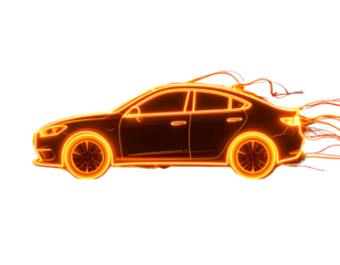 A stylized car outline, glowing orange, with motion trails, on black
