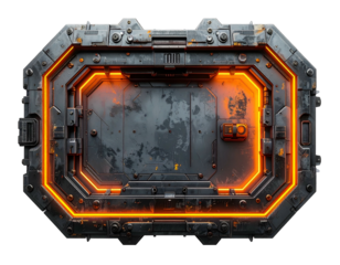 Futuristic, industrial panel with glowing orange accents, detailed texture
