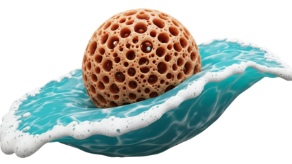 Sea sponge on ocean wave with foam isolated on transparent background