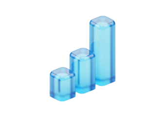 conceptual 3d bar graph featuring three polished blue columns symbolizing upward financial growth, isolated on a clean high-key white background with copy space, concept of advanced data analytics