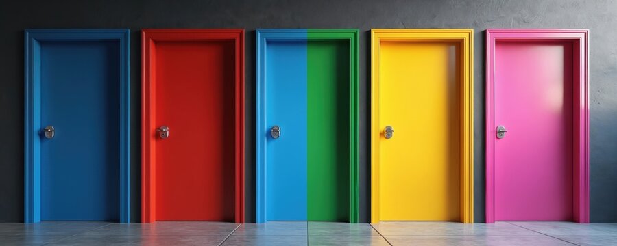 Row of colorful doors presents many choices. Blue, red, green, yellow, pink doors symbolize options and different paths. Person faces crossroads deciding future direction, opportunity awaits.
