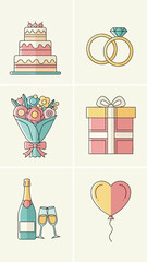 Celebration Icons: Wedding Cake, Rings, Flowers, Gift, Champagne, Balloon