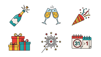 Celebration Icons: Champagne, Gifts, Fireworks, Party Popper & Calendar