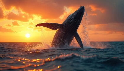 Whale breaches from ocean waves at golden sunset. Orange sky with clouds and bright sun. Water splashes around giant sea mammal. Marine life spectacle.