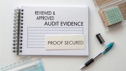 Review Process Document for Audit Evidence with Stamp, Pen, and Stationery Items on Table for Office Environment