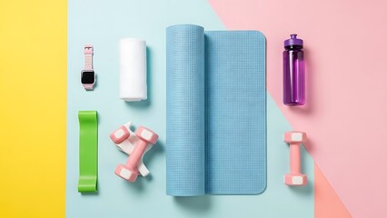 A collection of fitness equipment on a colorful background