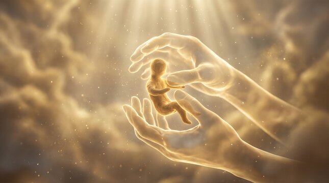Divine hands holding a human fetus, symbolizing creation and new life. Concept of genesis, birth, and divine protection for spiritual or religious themes.