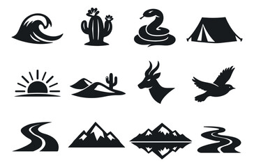 Obraz premium Abstract silhouette nature and adventure icon set featuring natural elements, wildlife, and outdoor gear for exploration and travel designs