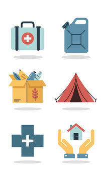 Emergency Aid Icons: First Aid, Supplies, Tent, Home Care, Fuel