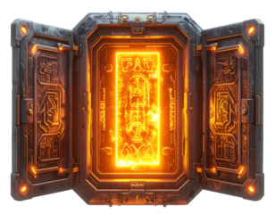 Metallic door opens to a bright, golden, glyph-laden portal
