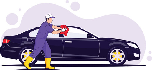 Professional car wash service worker in uniform cleaning a black sedan with red cloth for automotive detailing concept
