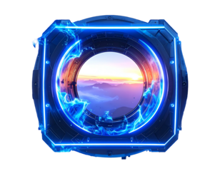 Futuristic portal frames a sunset landscape within a blue energy glow