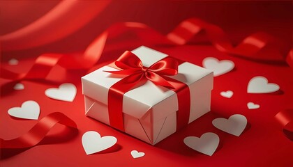Valentine celebration background with red present, ribbon, hearts, romantic design