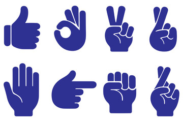 Fototapeta premium Hand gestures vector icons set. Like, dislike, love, peace, rock and wave signs. Thumbs up, heart, victory, fist and clap hands silhouette. Communication symbols. 