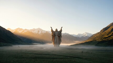 Fototapeta premium Christ statue in misty mountain valley at sunrise representing Gods creation of the world and humanity from the Book of Genesis.