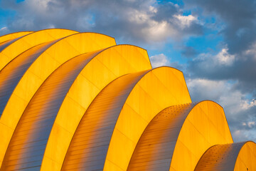 Modern architecture. Geometric shape. Modern building architecture on sunset. Architectural geometrical detail. Exterior and modern detail. Geometric building design