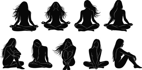 Silhouette woman seated in meditative and introspective poses, emotional posture icon set for yoga, mindfulness, and relaxation themes.