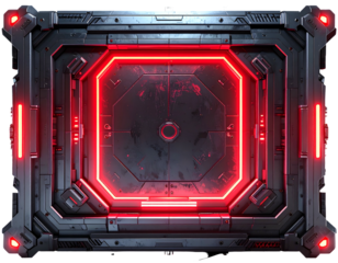 Metallic, octagonal box with glowing red accents, sci-fi design