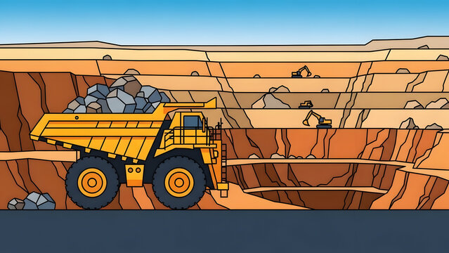 a massive yellow mining dump truck hauling heavy mineral rocks from an expansive open pit quarry during industrial mineral extraction operation in a large excavation site.