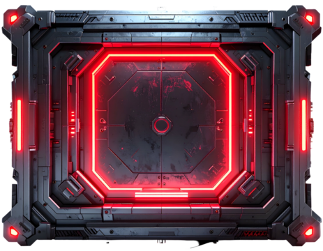 Metallic, octagonal box with glowing red accents, sci-fi design - Powered by Adobe