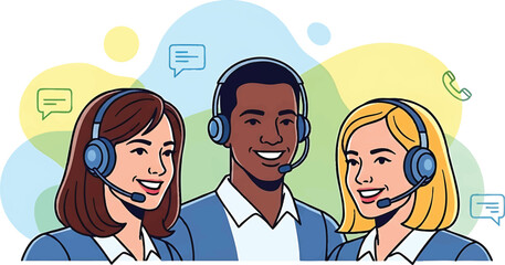 A smiling family of four with a headset operator provides online customer service support for a business team in a winter office setting illustration