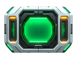 Futuristic, geometric, glowing green screen within a white and gray device