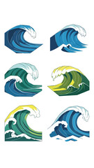 Set of Six Colorful Ocean Wave Illustrations in Flat Design Style
