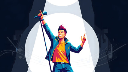 a talented vocalist performing on stage, holding a microphone under a bright spotlight with a dynamic, energetic pose for music concerts and live events.